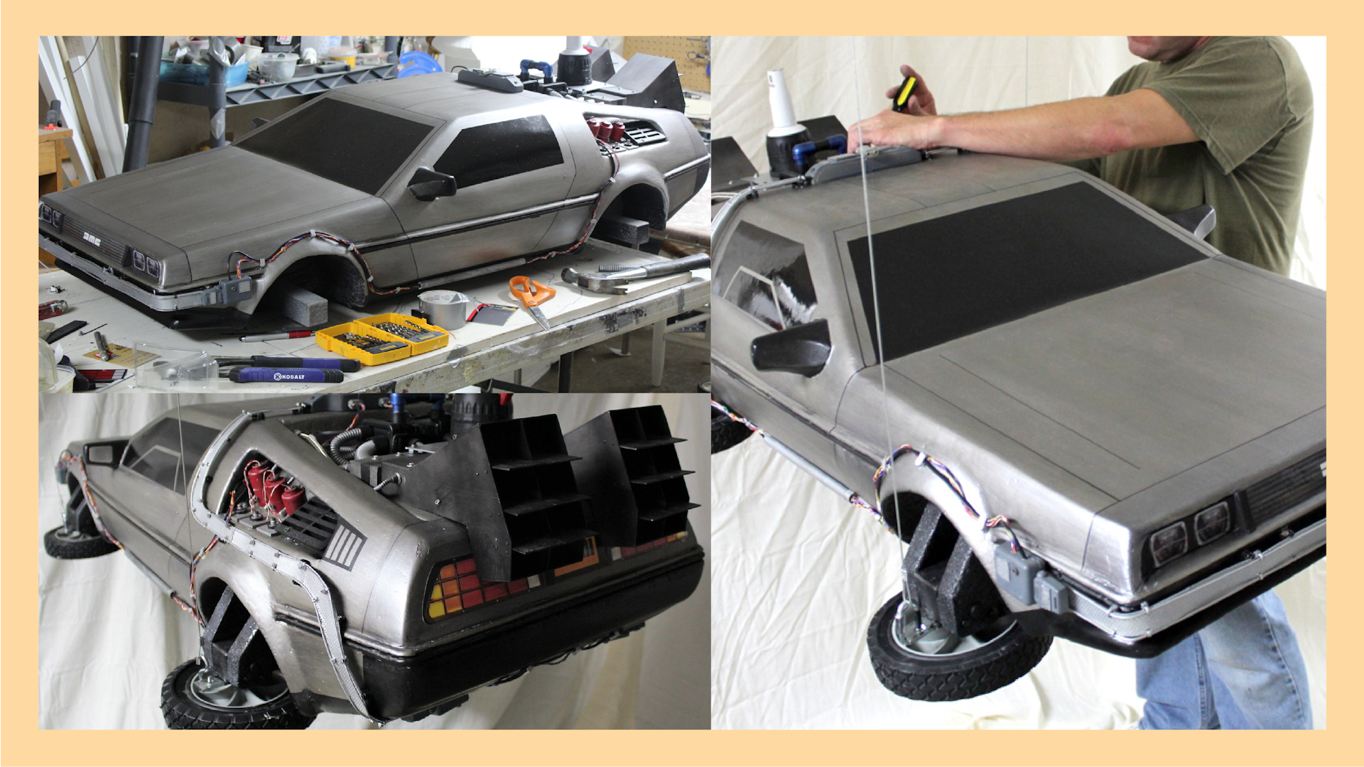 A collage of images from the Dolorean model from Back to the Future II hanging by fishing line against a white backdrop, and a photo of it on the design table getting assembled. 