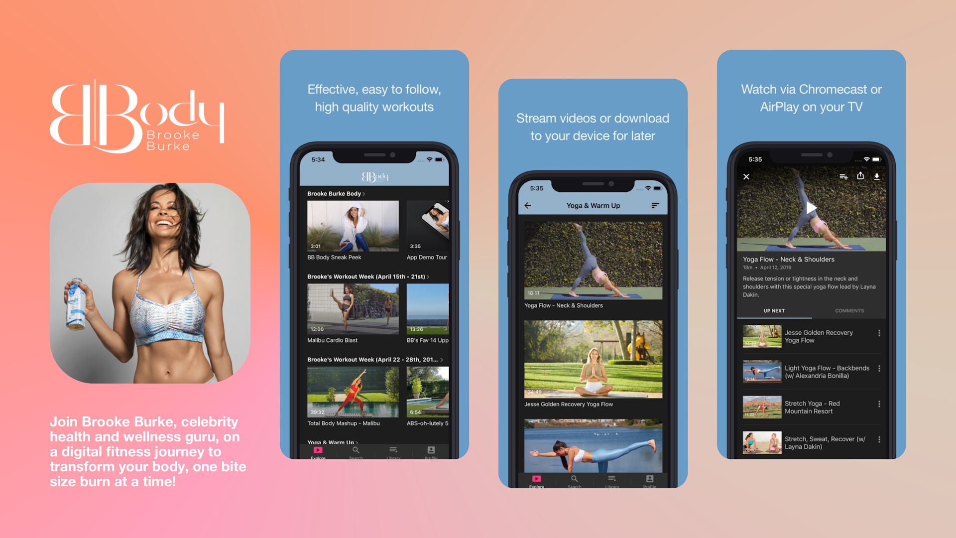 Vários componentes do aplicativo Brooke Burke Body, incluindo o ícone do aplicativo e capturas de tela da lista da loja de aplicativos.
