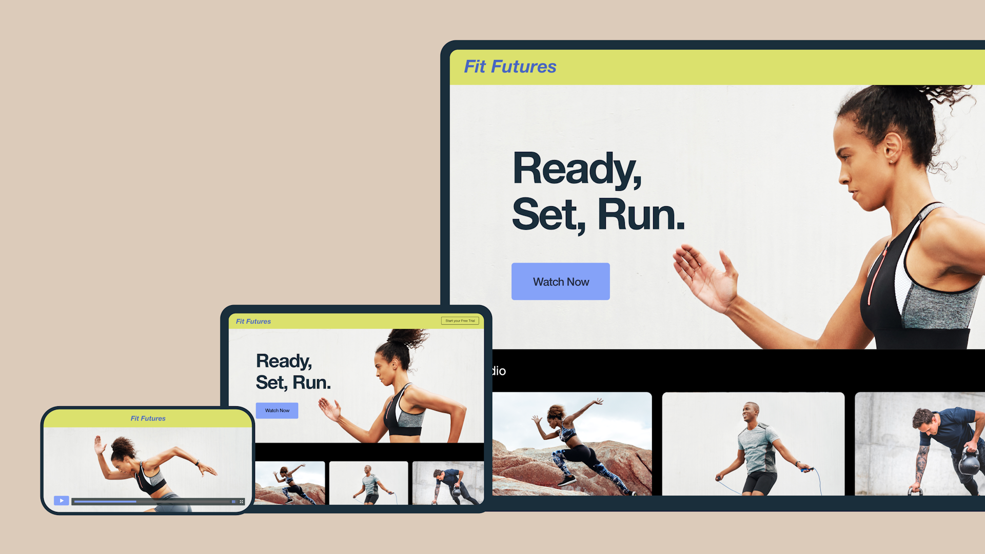 A fitness OTT channel is displayed on desktop, a tablet, and a smartphone.