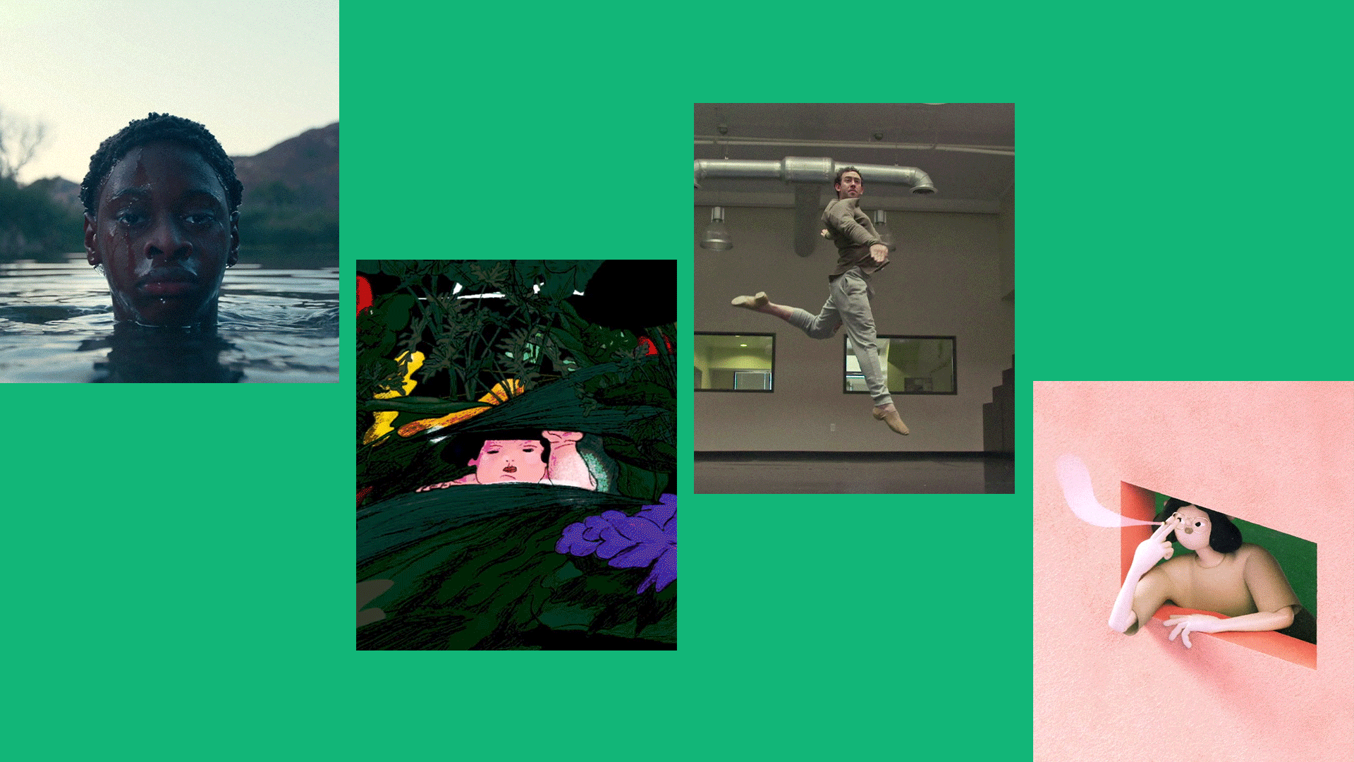 Animated collage of still images from Staff Pick films