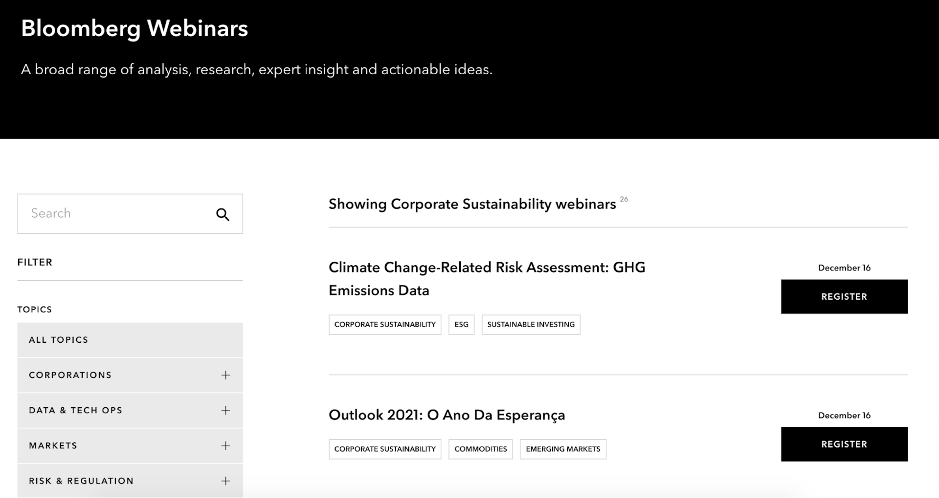 Screenshot of Bloomberg webinar series dived by topic