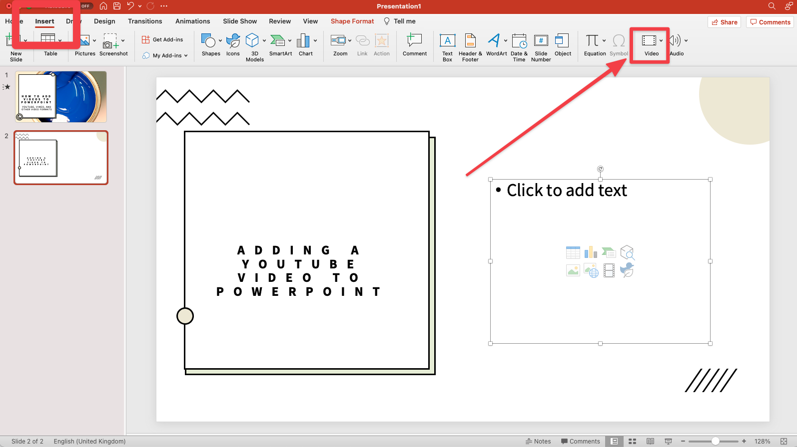 how do you size an embedded vido in powerpoint for mac