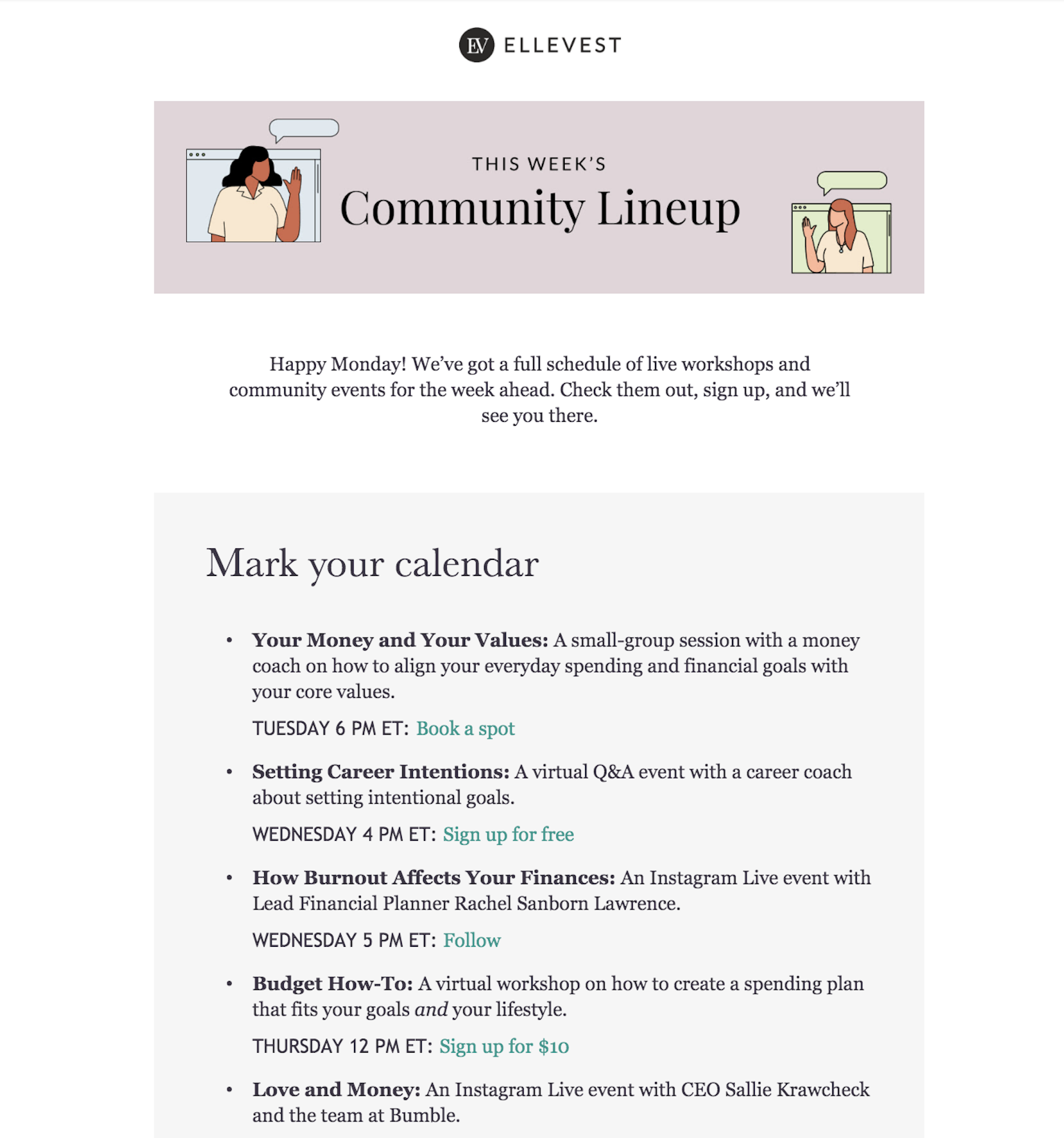 Webinar invitation example from Ellevest featuring topic focused classes in a easy-to-read format.