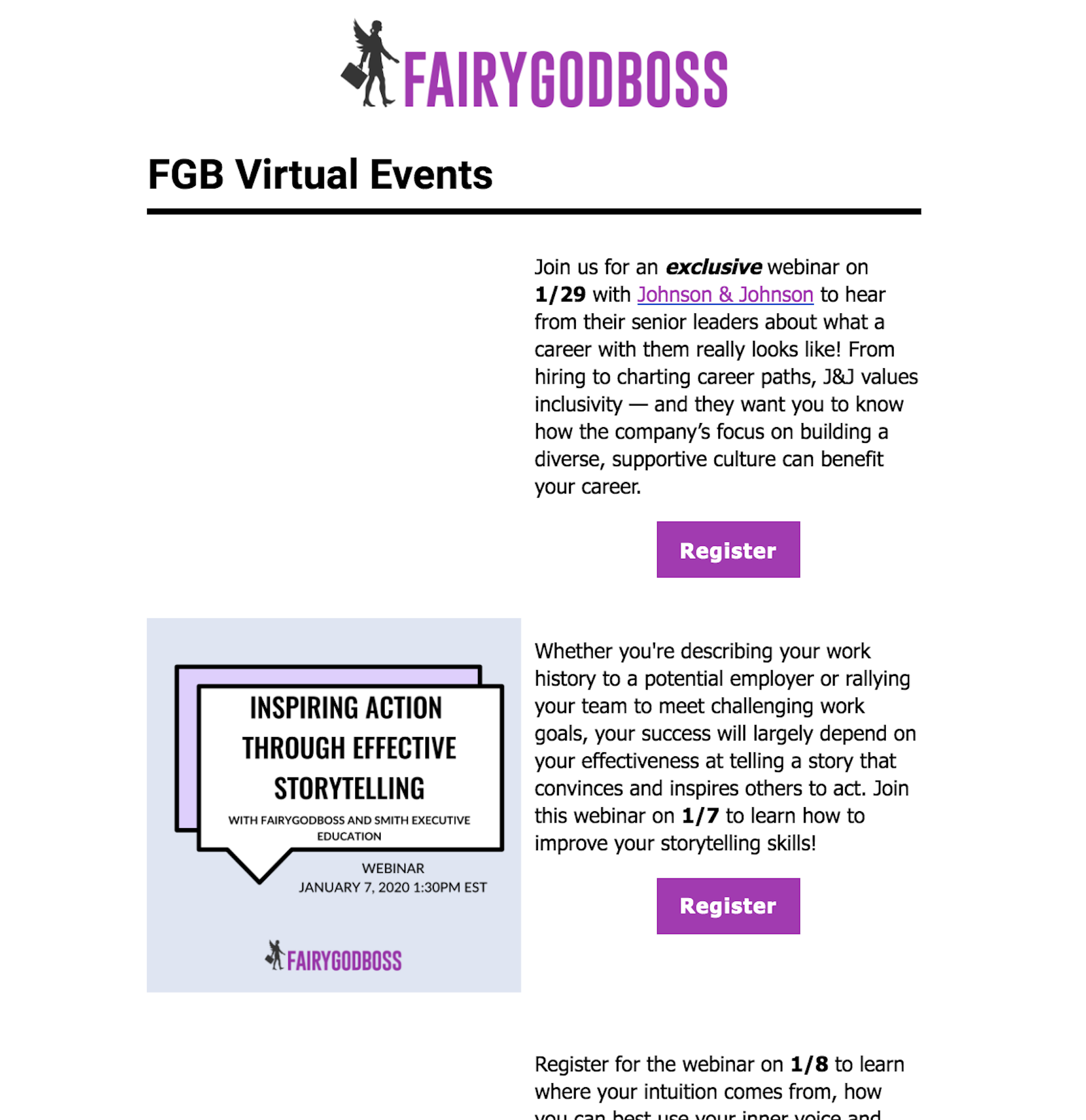 Webinar invitation example from Fairygodboss with great graphics and a clear CTA.