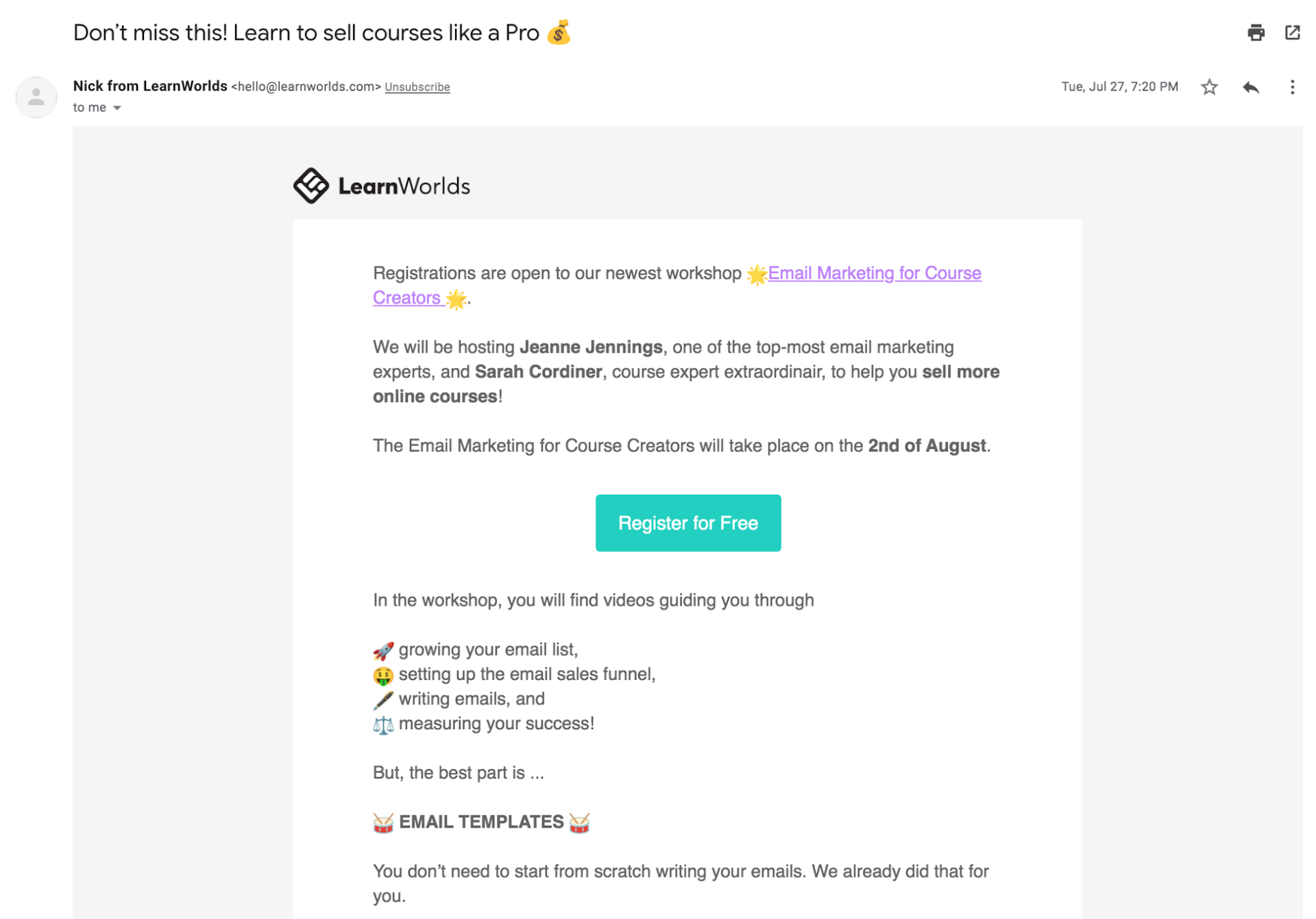 Webinar invitation example from LearnWorlds.