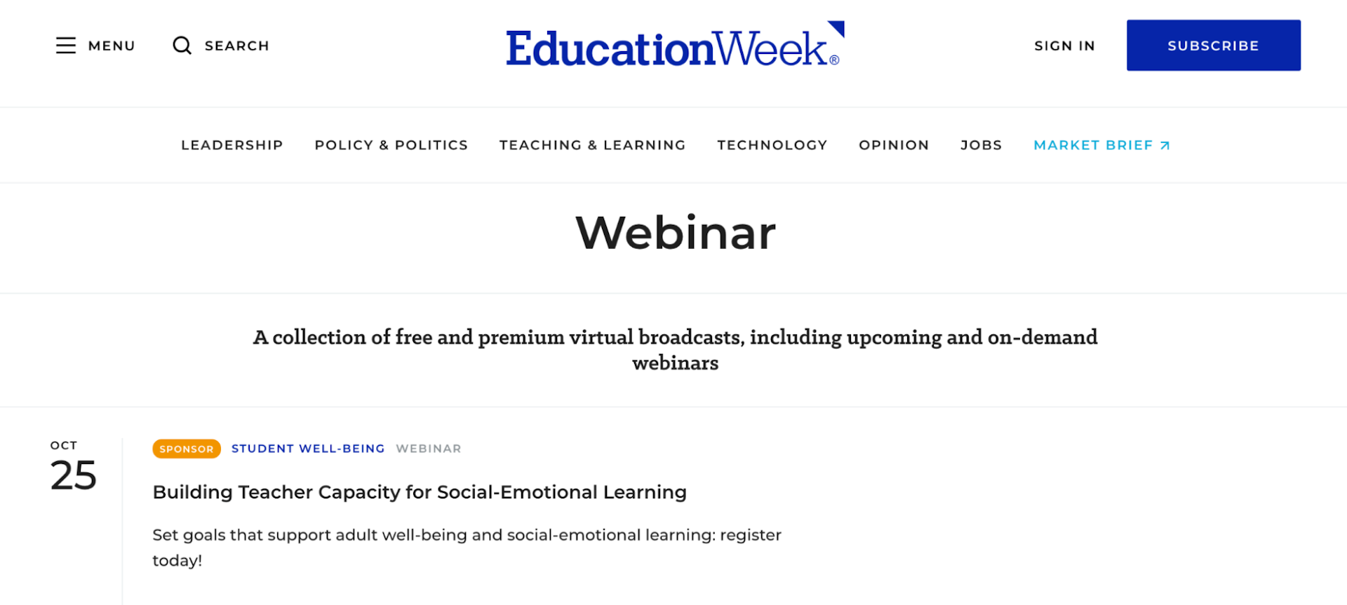 Screenshot of the Education Week webinar series calendar