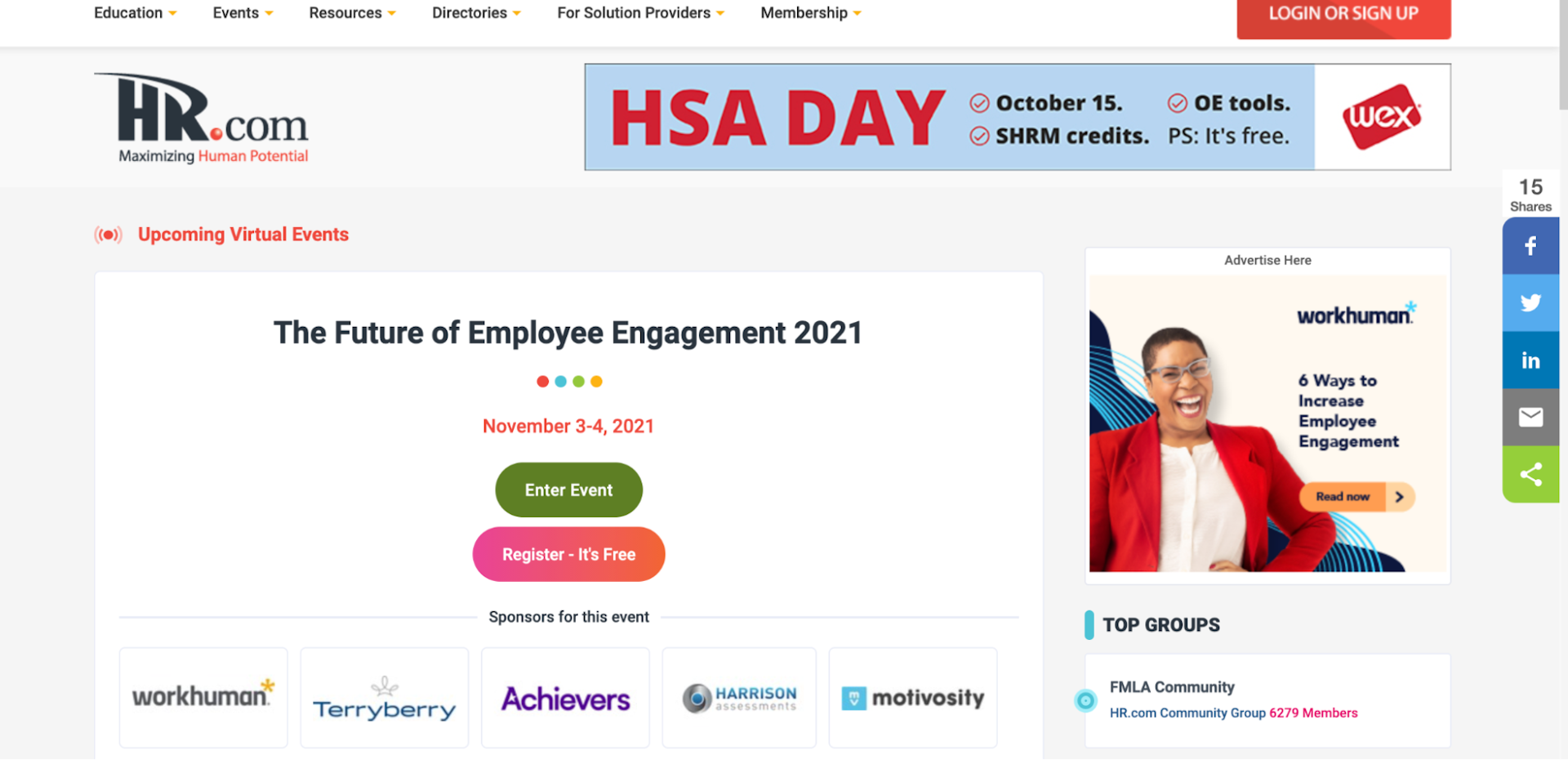 Screenshot of the Future of Employee Engagement Events and registration page
