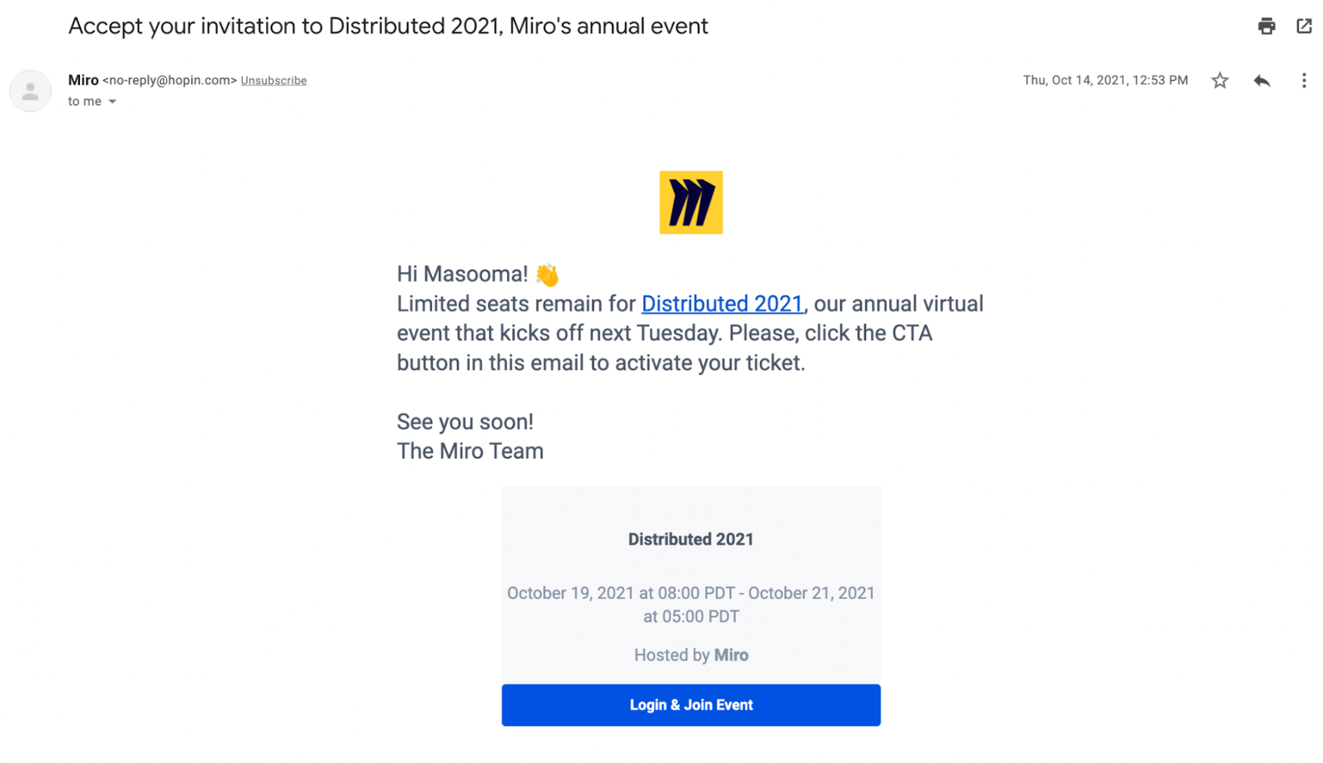 Example of Miro's Distributed event confirmation email