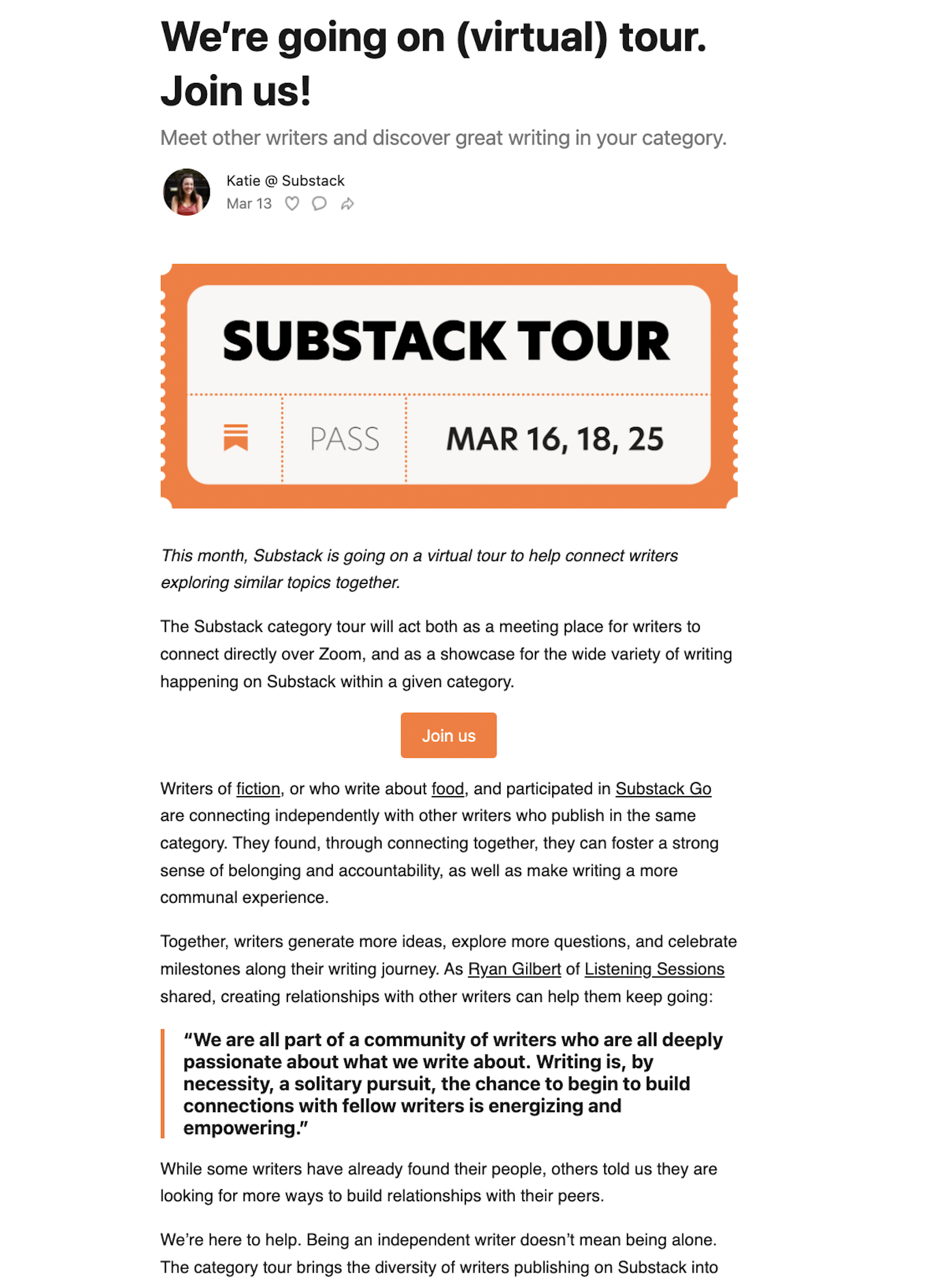 Substack Tour email invite example
