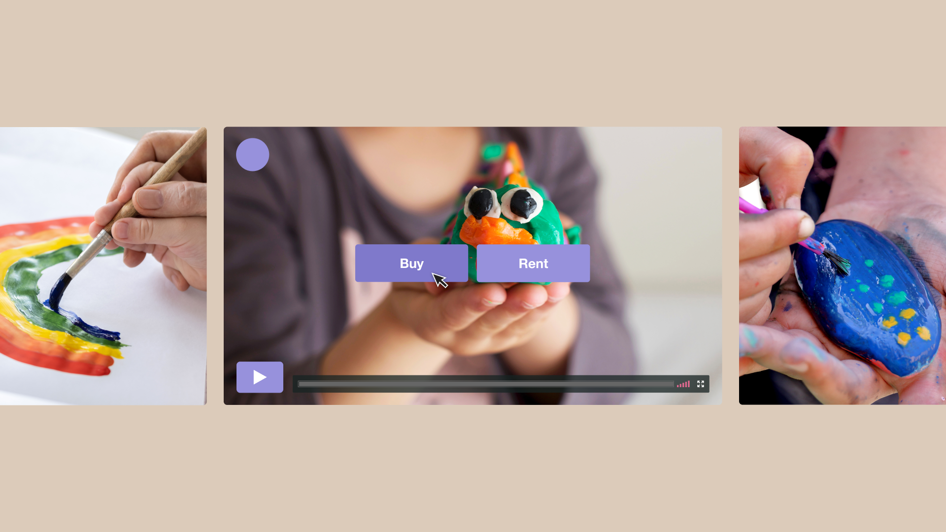 Mockup of membership site with children's education content. 3 video player screenshots of children's drawings and artwork.