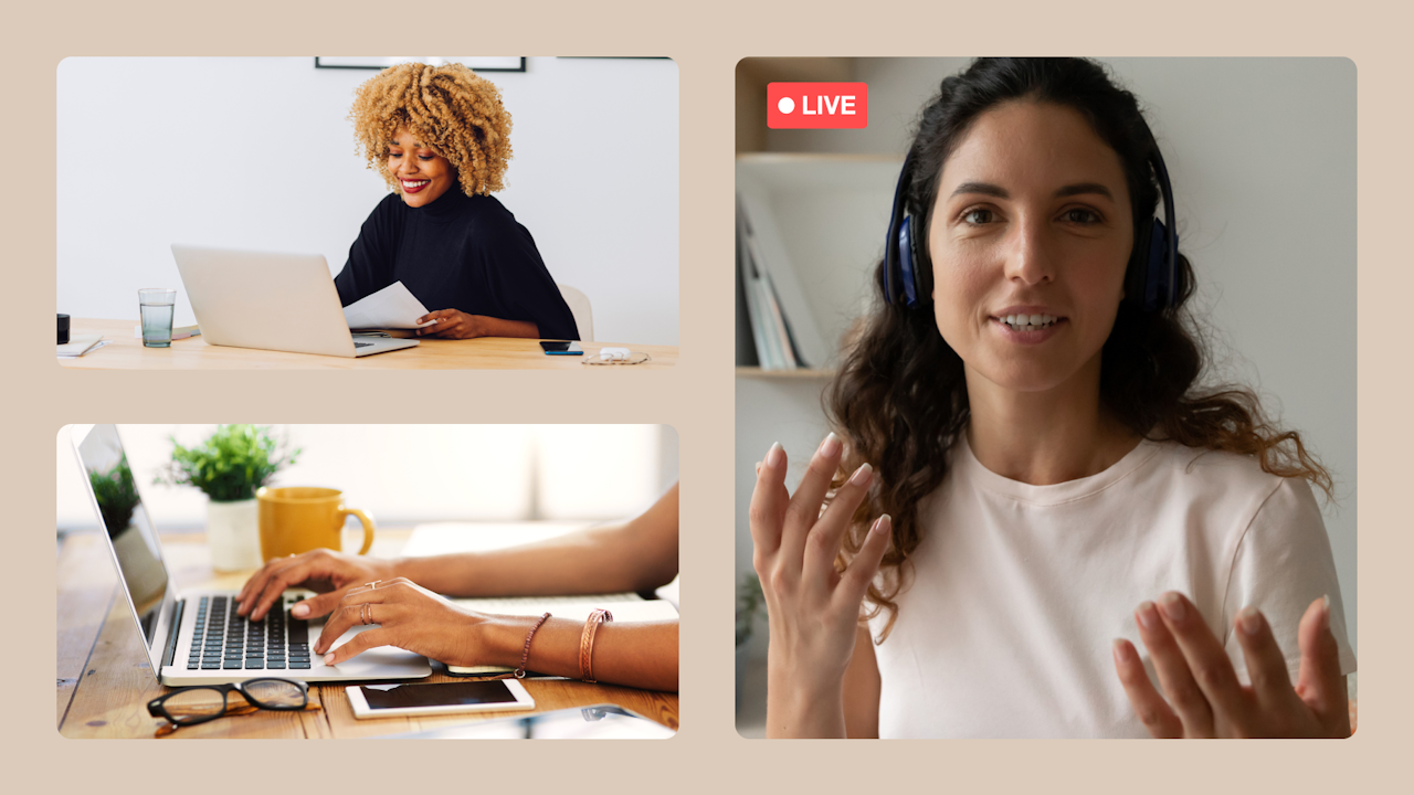 Mock up of microlearning videos with woman on left looking at a laptop screen, hands typing on bottom left, and dark-haried woman smiling at the live camera teaching on the right screen