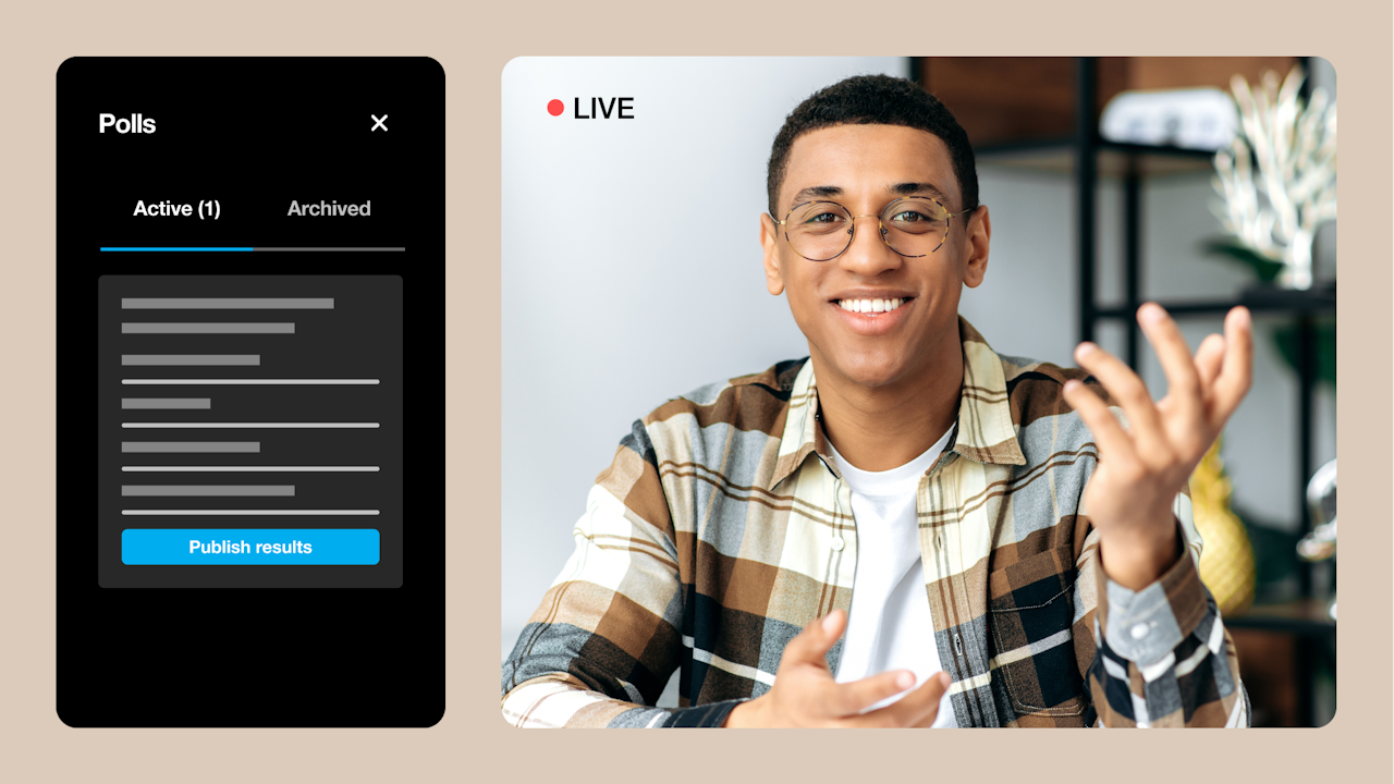 Mock up of man smiling and presenting on a live camera with a really time chat sidebar to his left.