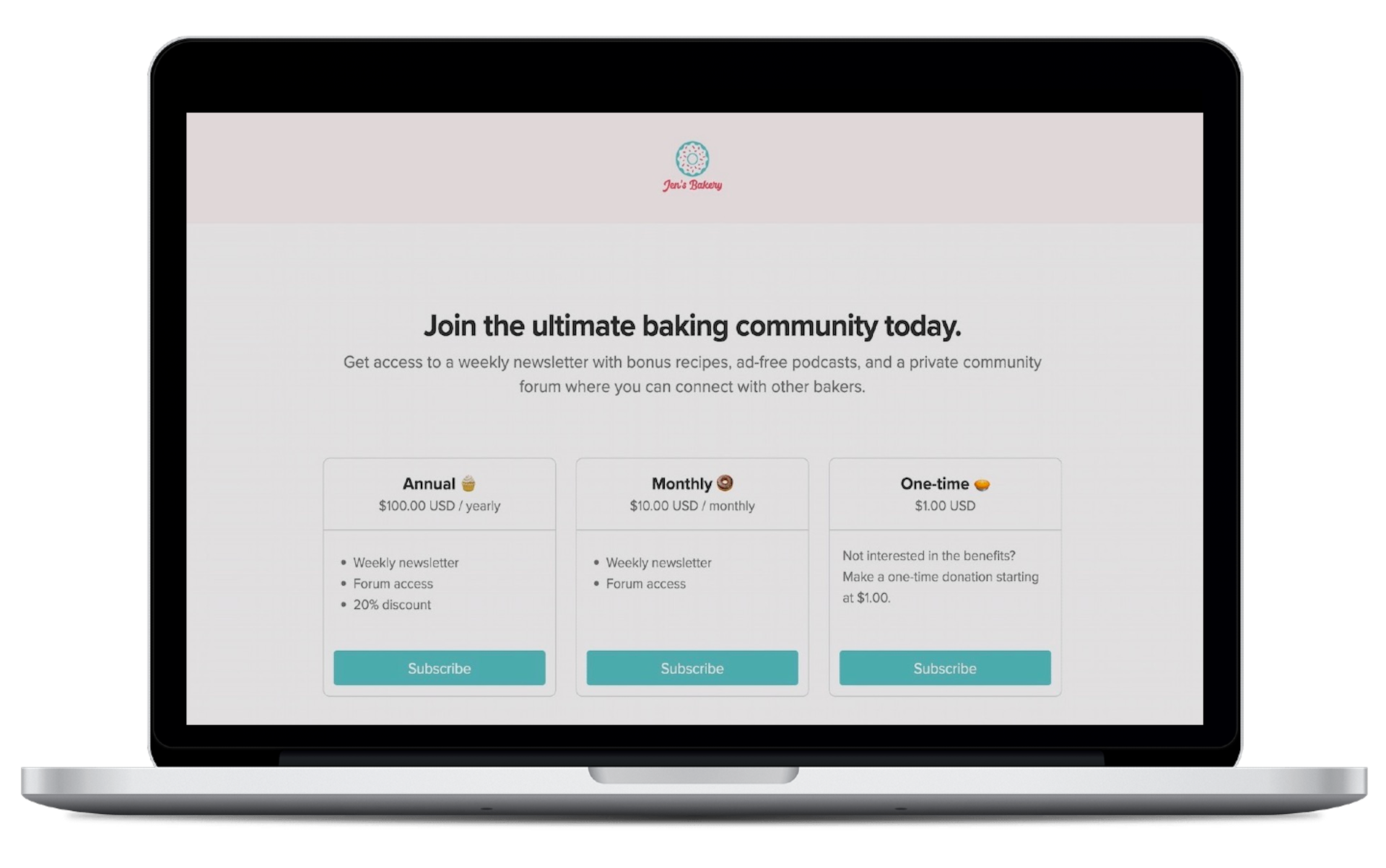 Screenshot of Memberful user's landing page for subscription options
