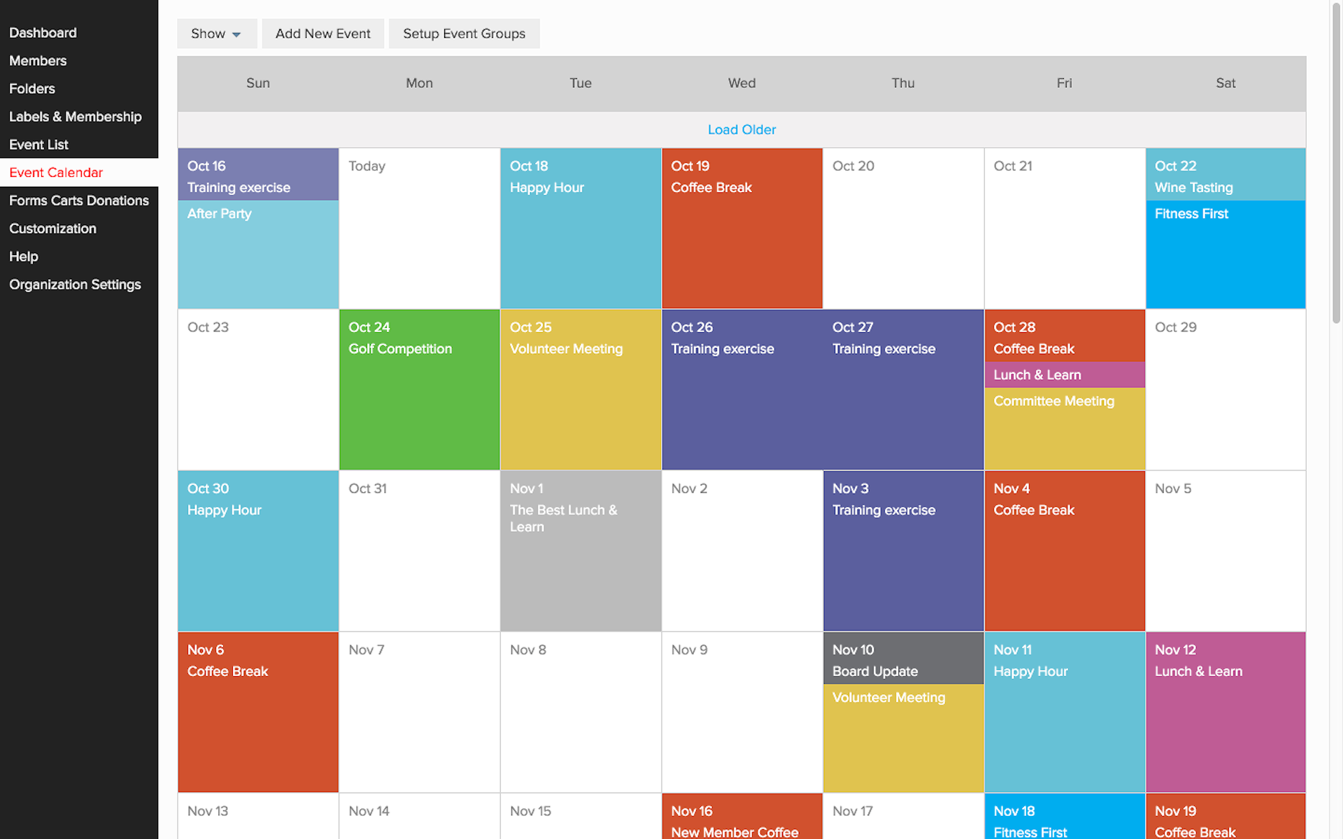 Example shot of Membership Works platform - event calendar UI for users.