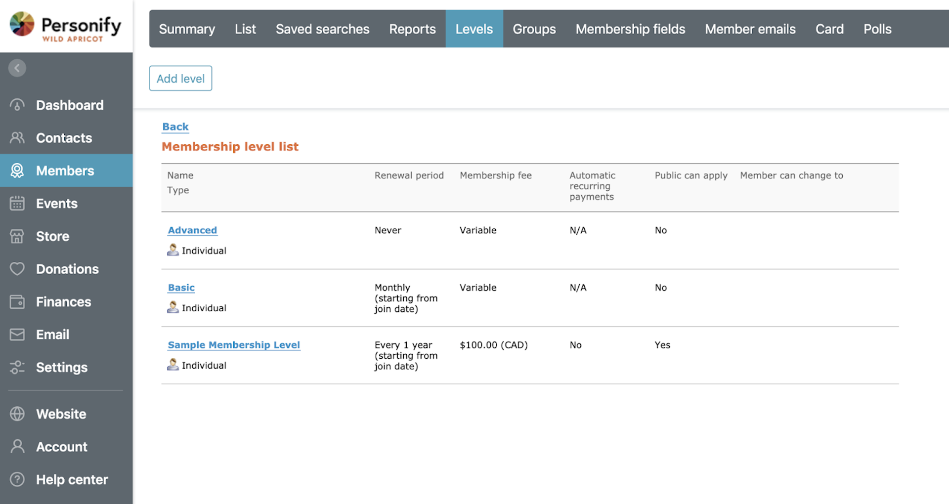 Screenshot of Personify Wild Apricot user UI