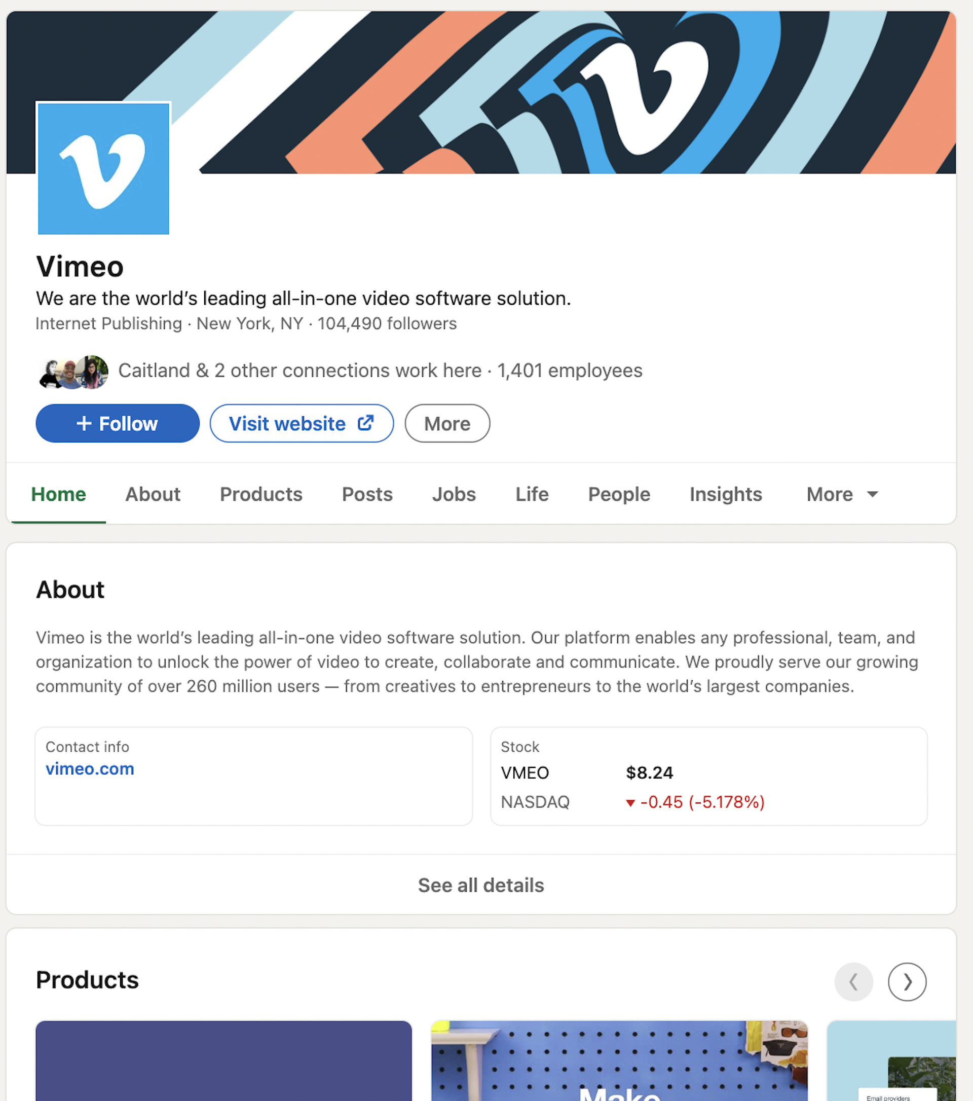 Example of a LinkedIn Company profile with Vimeo