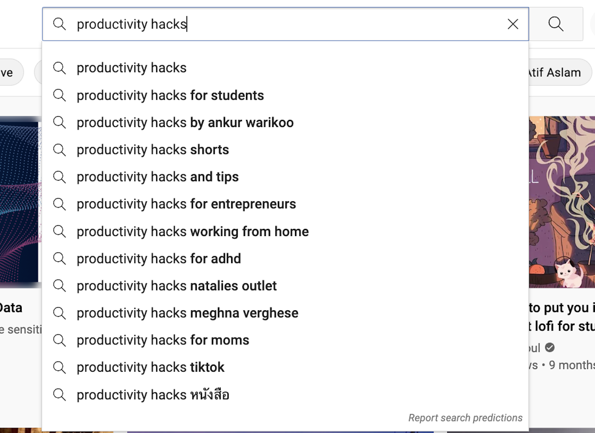 Example search from YouTube's Predictive Search . Example shows similar search terms suggestions related to "productivity hacks"