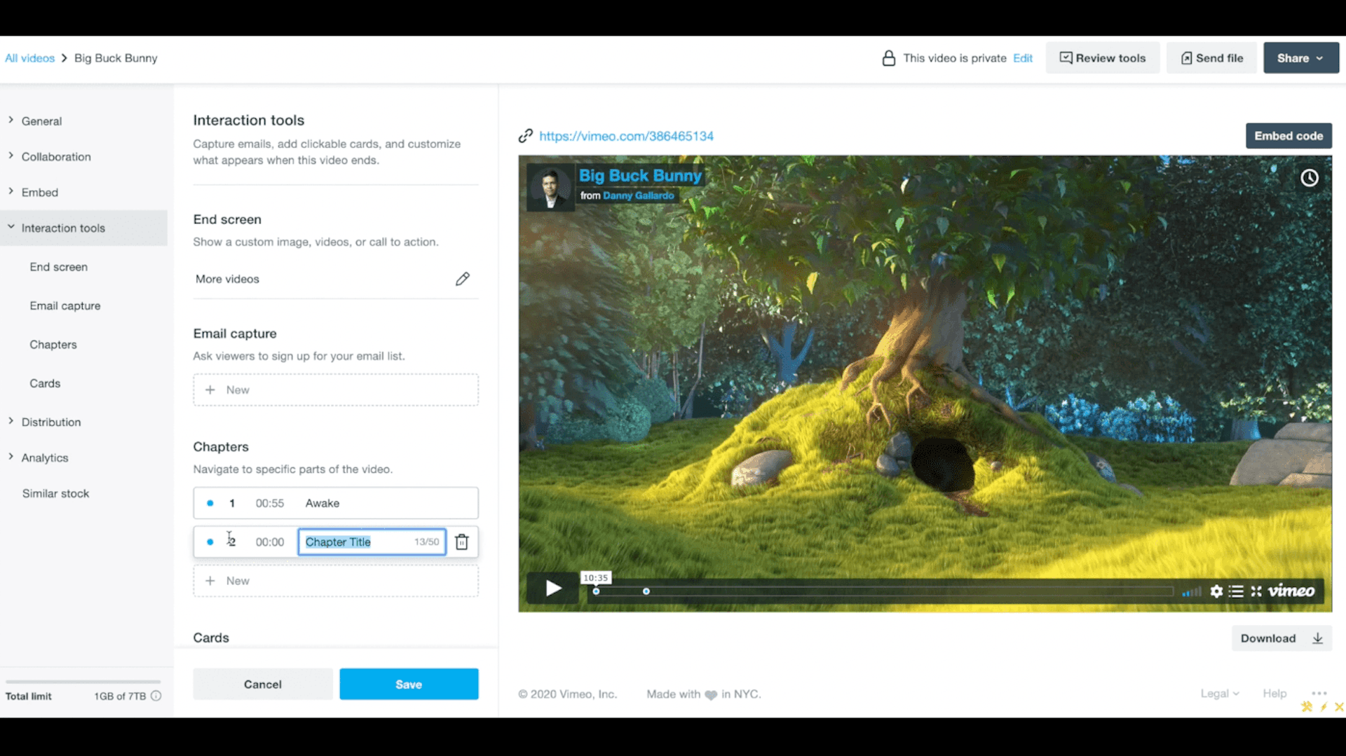 Vimeo advanced editing tools UI - add chapters to videos
