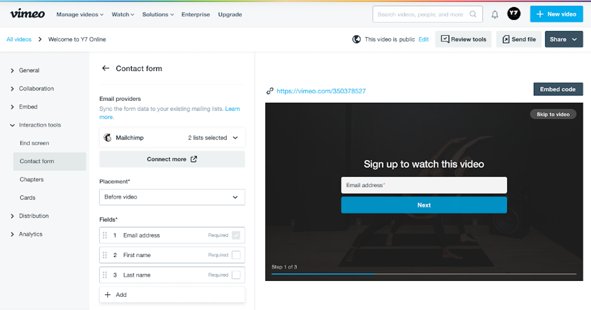 Vimeo contact form example