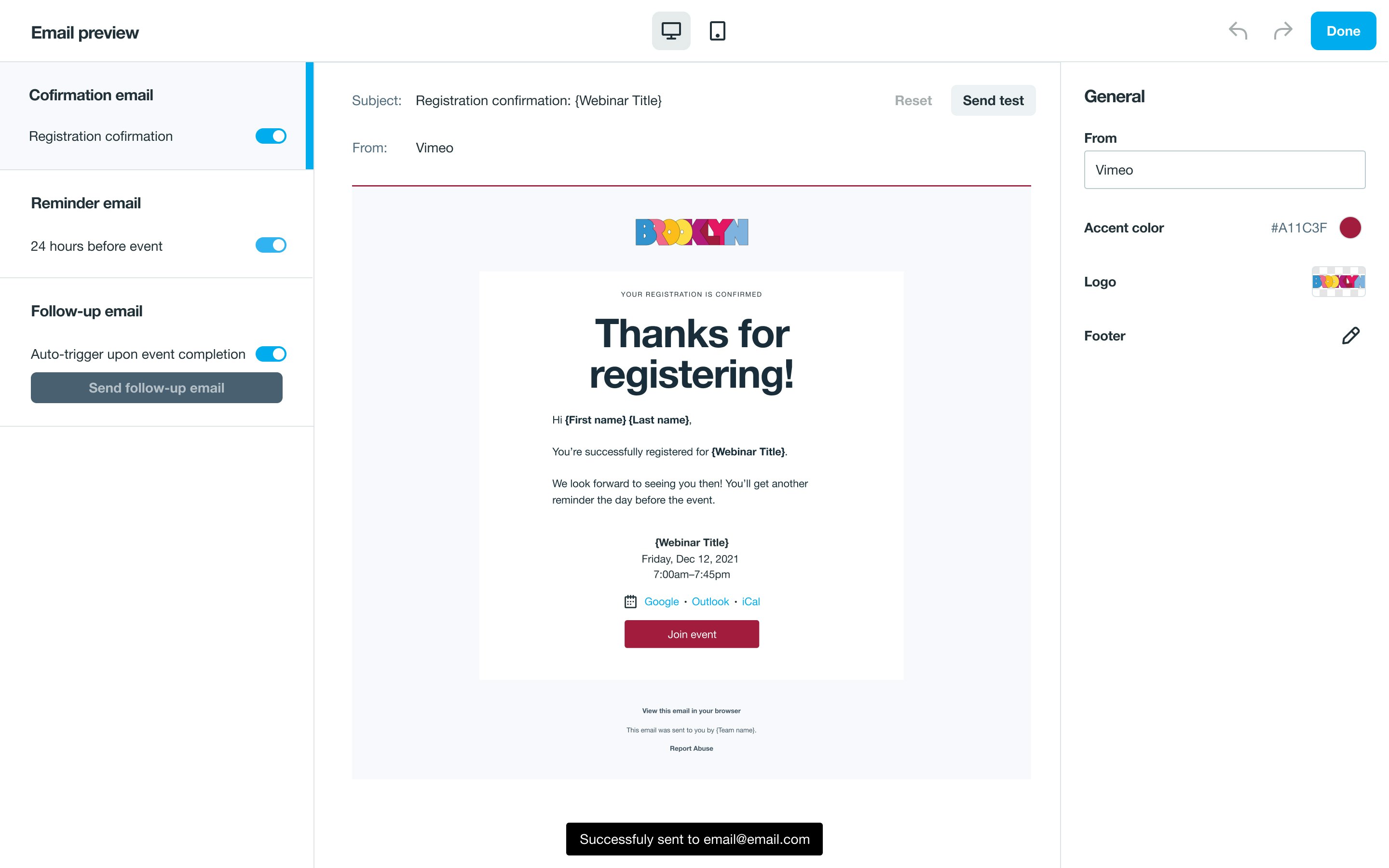 Example of customizable email templates with Vimeo events