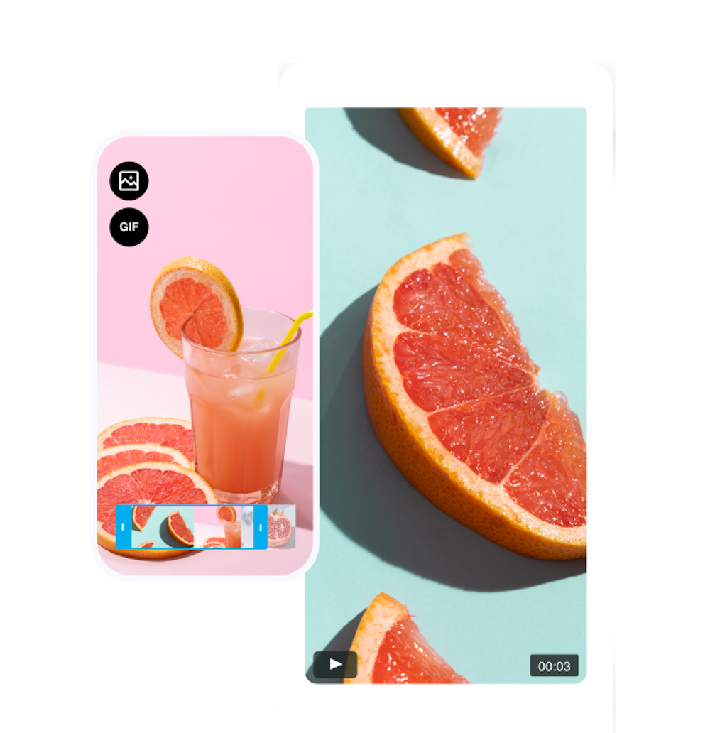 GIF in a video editor. To the left, image of a drink with fruit garnish. To the right, a quartered grapefruit