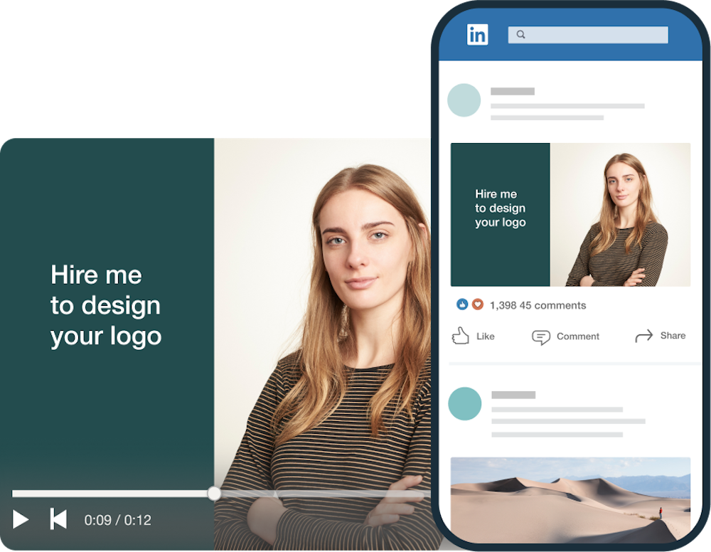 Mockup of a LinkedIn ad template of a smiling women and a hire me now slogan. Including a mobile phone preview