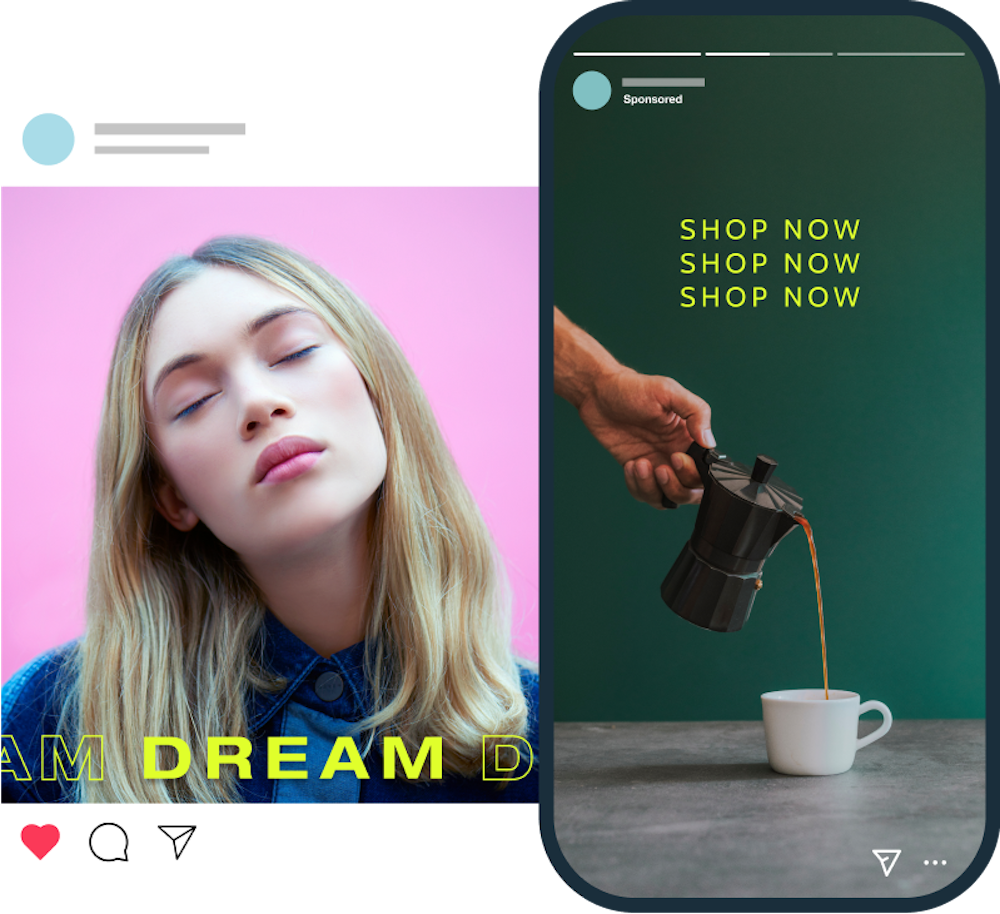 Mockup of an Instagram ad template of a man pouring coffee to a cup and another motivation Instagram post 