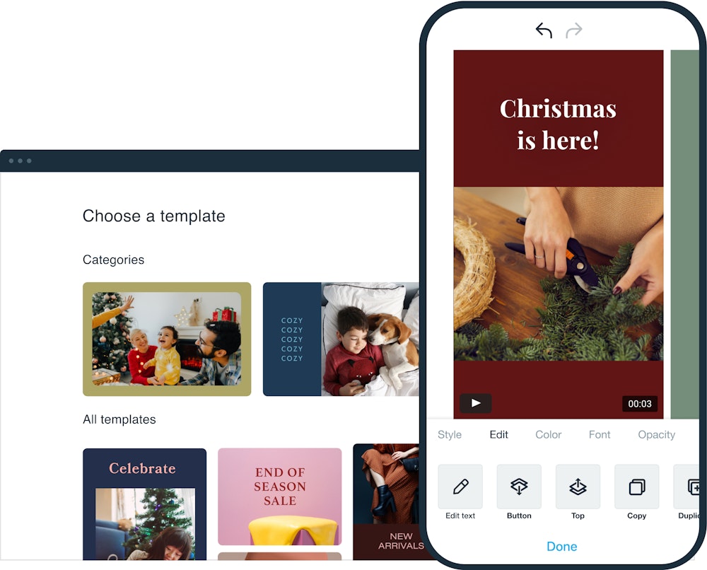 Image of Vimeo Create in both desktop and mobile, showing the Christmas video template options and customizations available. Text on the screen includes "Choose a template" and "Christmas is here!"
