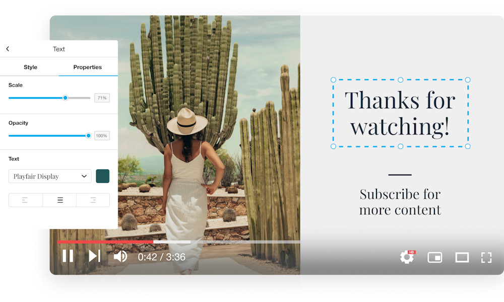 Mockup of a Youtube outro video template featuring both a women looking at a cactus and the text, "Thanks for Watching! Subscribe for more content."