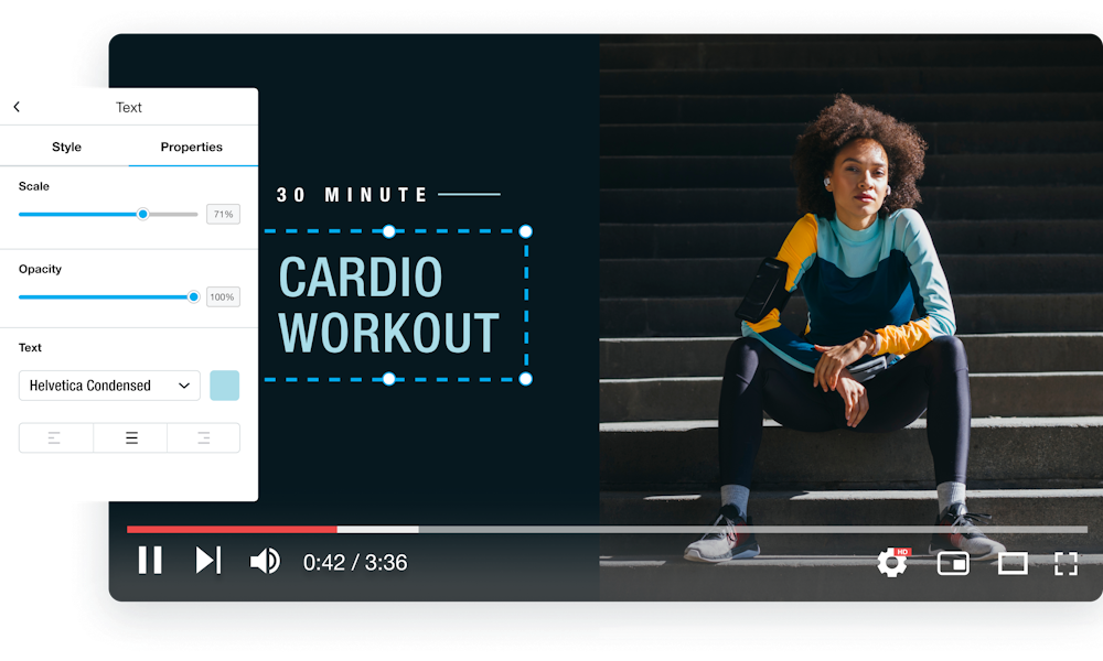 Mockup of a Youtube intro video with a fitness instructor seated on steps for a cardio workout channel.
