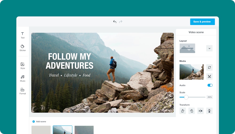 Image of the Vimeo Create UI with a Youtube intro video template featuring a man on top of a rock overlooking a mountain vista.