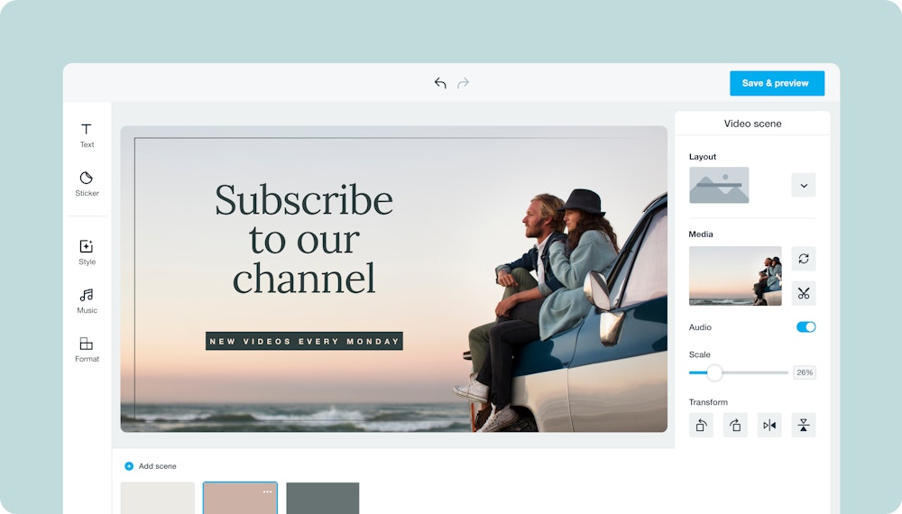 Image of the Vimeo Create UI with a template of a Youtube outro video featuring a couple sitting on a vintage car overlooking the horizon and the words, "Subscribe to our channel."