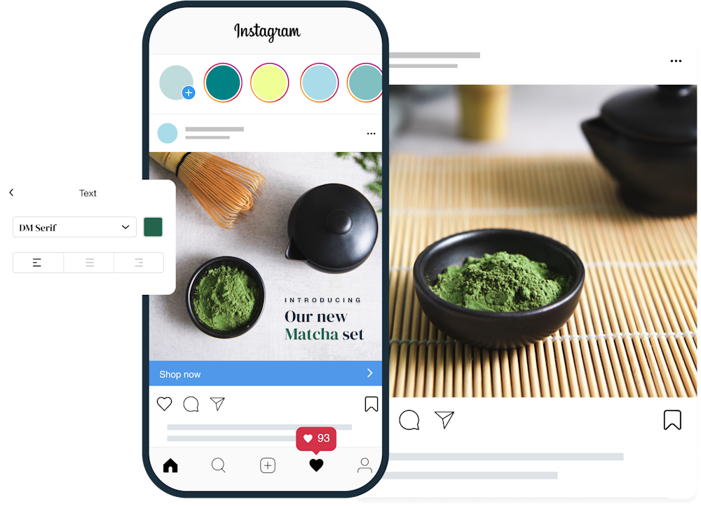 Mobile mockup of a matcha tea Instagram ad including a toggle to change the text color.