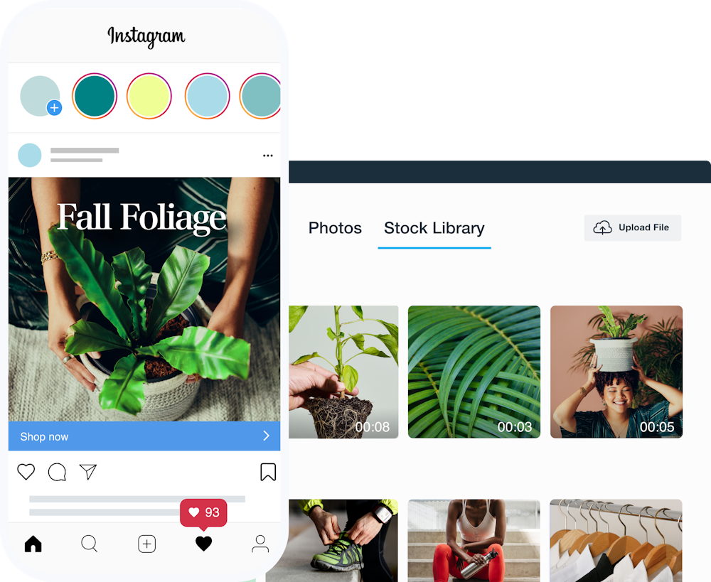 Mobile mockup of an Instagram ad including the option to use stock video assets
