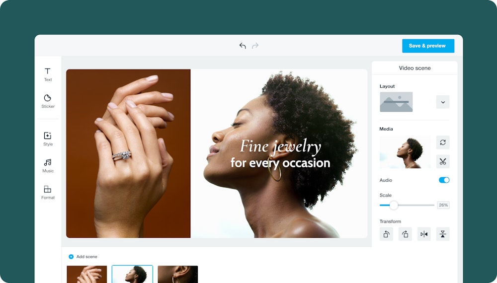 Image of the Vimeo Create UI including a Instagram ad template for fine jewelry featuring a diamond ring on hand model and gold hoops on a model.