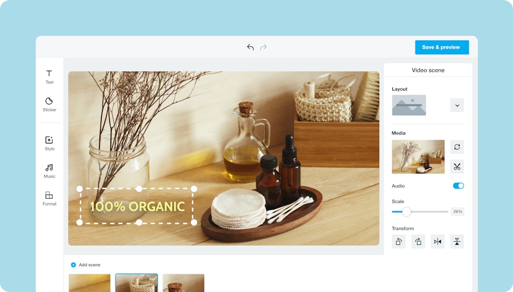 Image of the Vimeo Create UI with an Instagram stories template of organic beauty products.