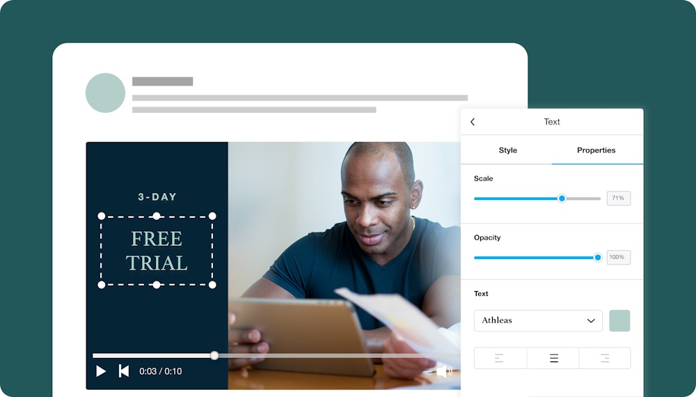 Image of the Vimeo Create UI featuring a Linkedin ad video template featuring a man holding a tablet and the words, "3-day free trial."
