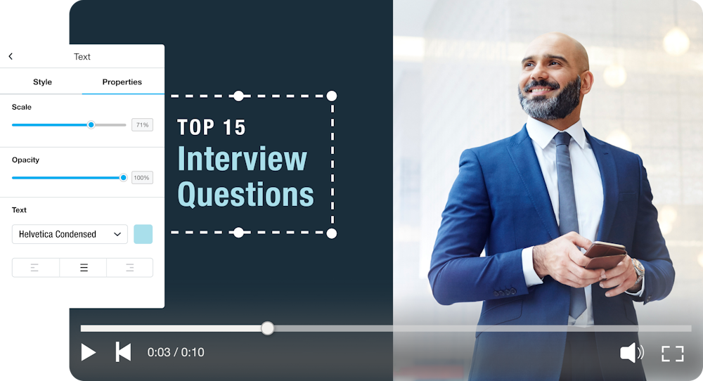 A mockup of a Linkedin ad template featuring a business man in a blue suit and the words, "Top 15 Interview Questions." 