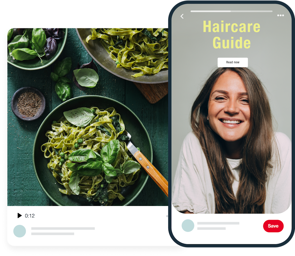 Mockup of two Pinterest videos. On the right-hand a haircut guide video and on the left-hand meal video