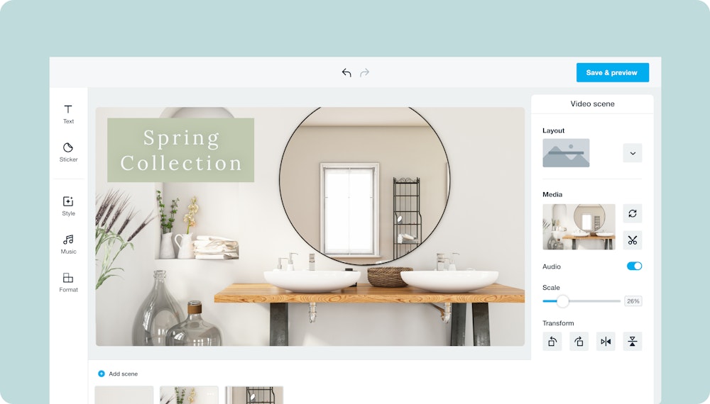 Image of the Vimeo Create UI with a template of a home goods facebook ad.