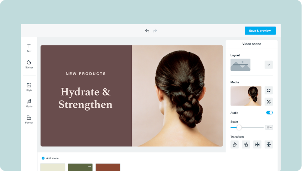 The image shows a Vimeo Create video during the creation process for a haircare/beauty brand. The video shows the back of a woman's head to the right. Her hair is elaborately braided. To the left, text on the video reads "New Products - Hydrate & Strengthen."