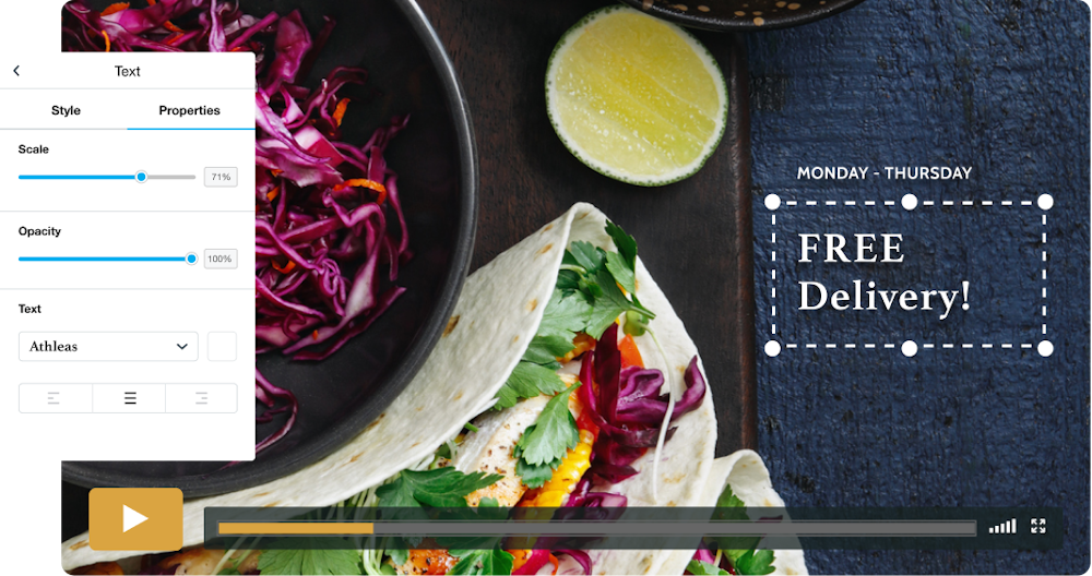 Image of a restaurant video ad created with Vimeo Create. Tacos, colorful cabbage, and a lime fills the foreground. Text reads "Monday - Thursday - Free Delivery!"