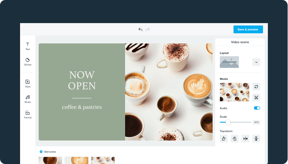 Image of a video scene within a Vimeo Create template, featuring a flat lay of several cups of coffee. Text on the screen reads "Now Open...coffee and pastries."