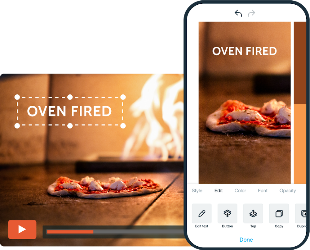 Image of two screens, a mobile view and a desktop view of the same restaurant video ad for a pizza joint. Text on the frame reads "Oven Fired."