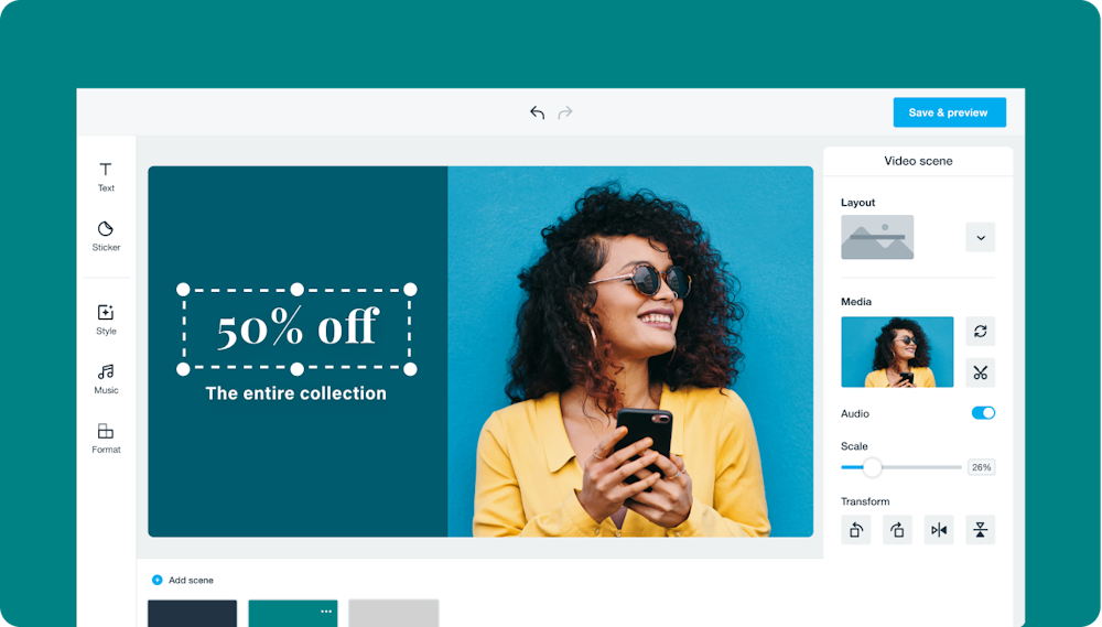 The image is from a Vimeo Create product video advertisement during the editing process. To the right, a woman holds a smartphone. On the left, a block of text reads "50% off the entire collection."