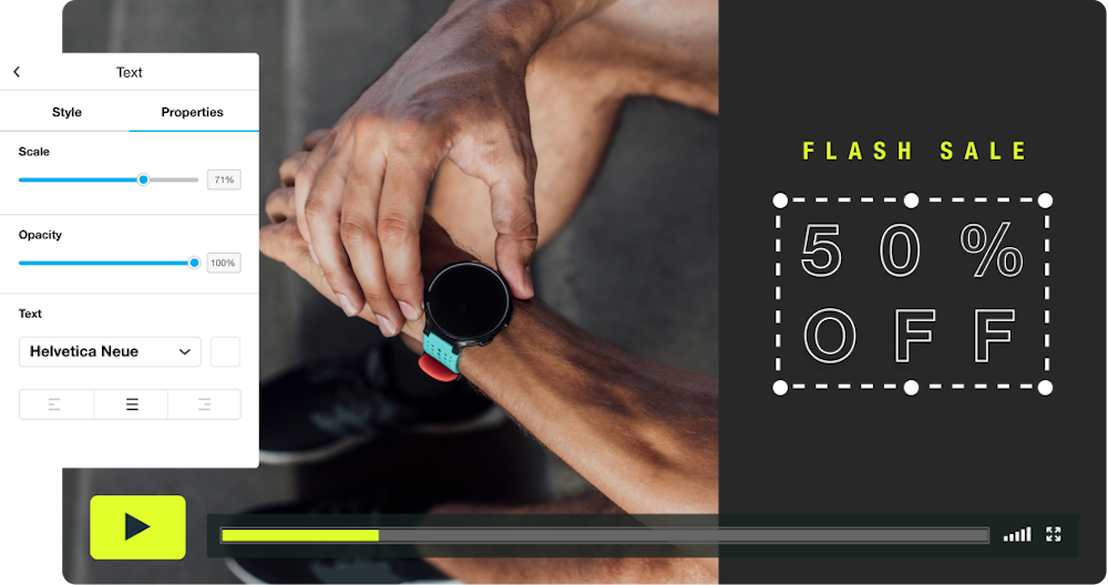 An image of a product video screen made with Vimeo Create advertising a flash sale for a fitness watch product. Text on the image reads "Flash Sale - 50% OFF."