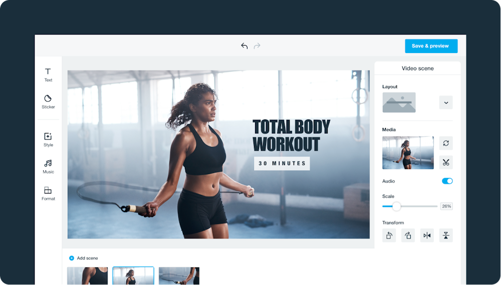 A still image of the Vimeo Create sport and fitness video maker during the editing process. A woman jumps rope in a gym. Text on the screen reads "Total Body Workout - 30 Minutes."