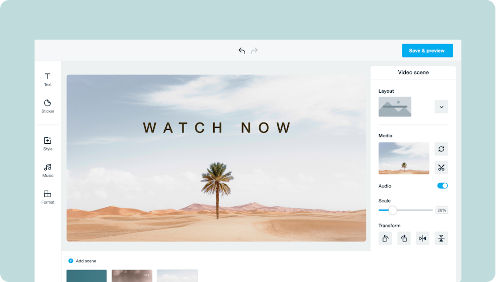 The image shows the Vimeo Create trailer maker in action. The screen provides a preview of the tool. A sprawling desert and a single palm tree fill the foreground. Text on the screen reads, "Watch Now."