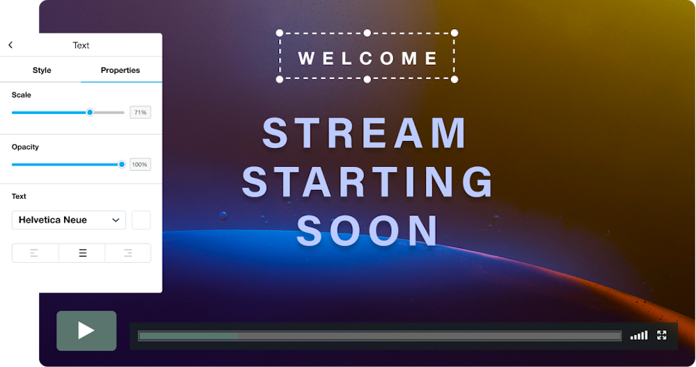Image of a video screen being edited within Vimeo Create. The screen reads "Welcome - Stream Starting Soon."