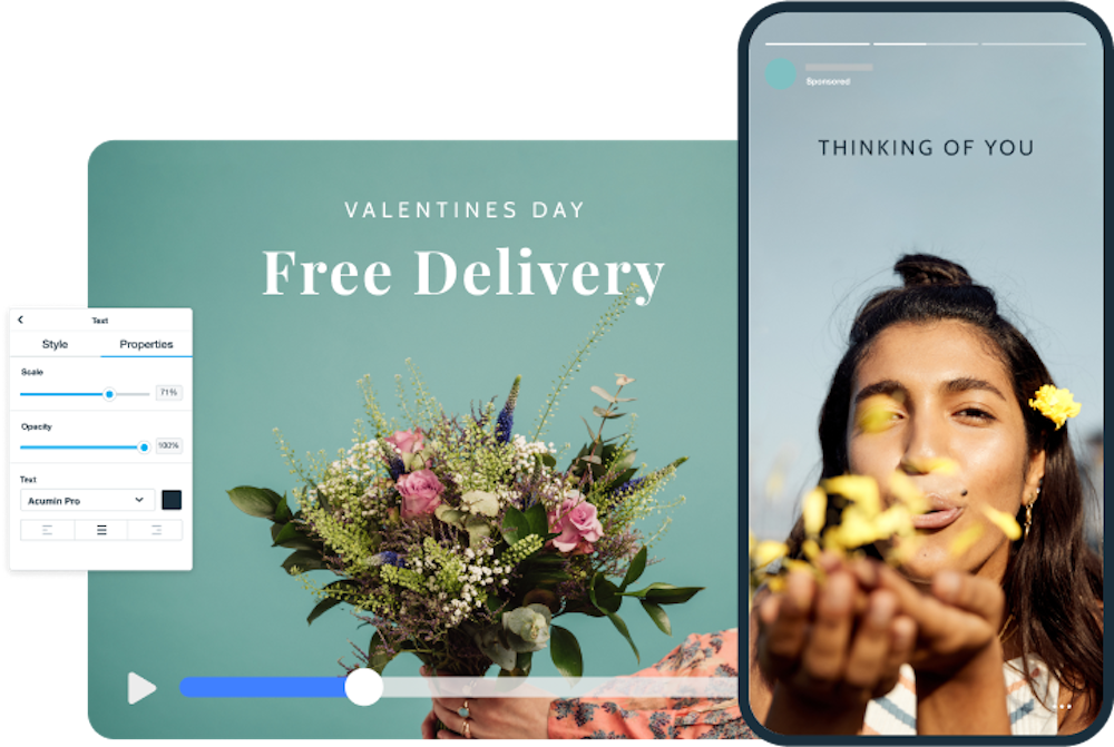 A desktop video playing a video of a bouquet of flowers that reads "Valentines Day - Free Delivery." To the right, a mobile device plays an Instagram story of a woman blowing away flower petals. Text on screen reads "Thinking of you." 